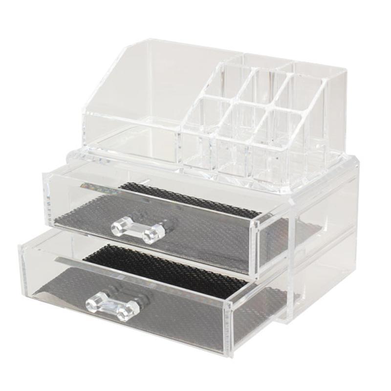 Acrylic cosmetics organizer with drawers for stylish makeup storage.