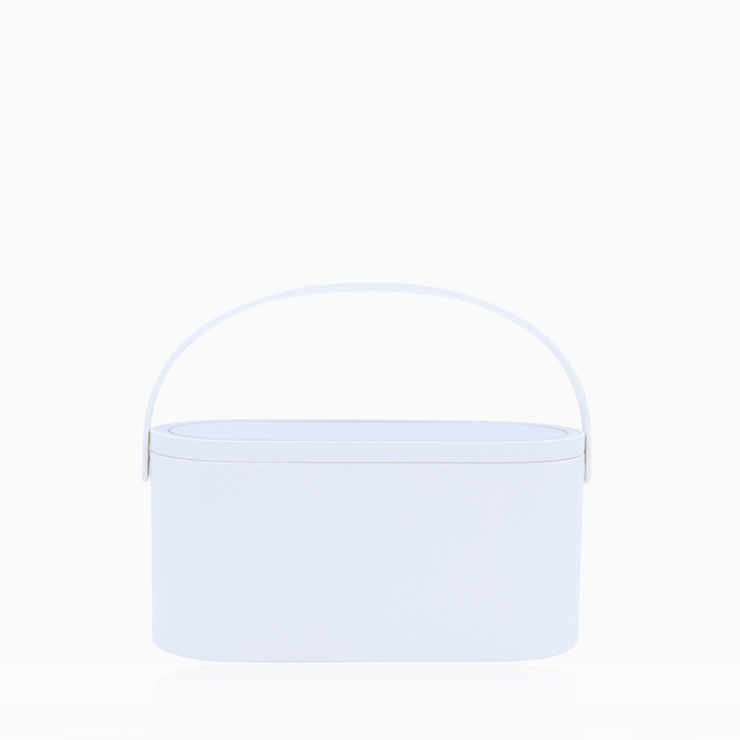 LED lit cosmetics case with handle in white.