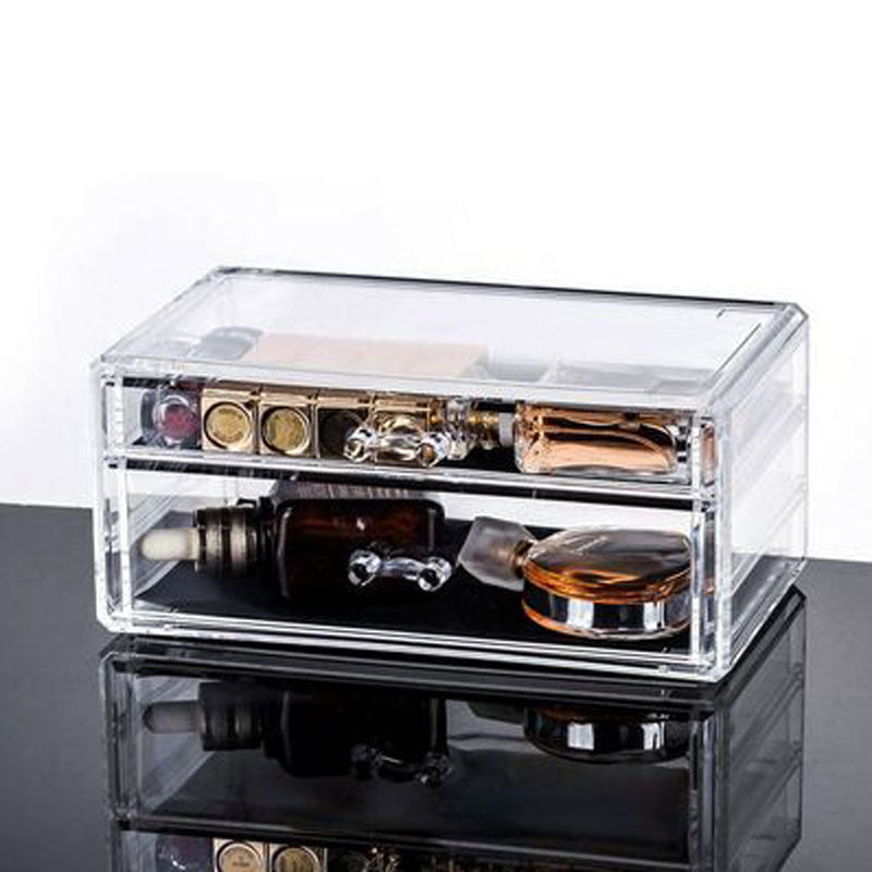 Acrylic modular cosmetics organizer with transparent design, showing organized makeup storage.