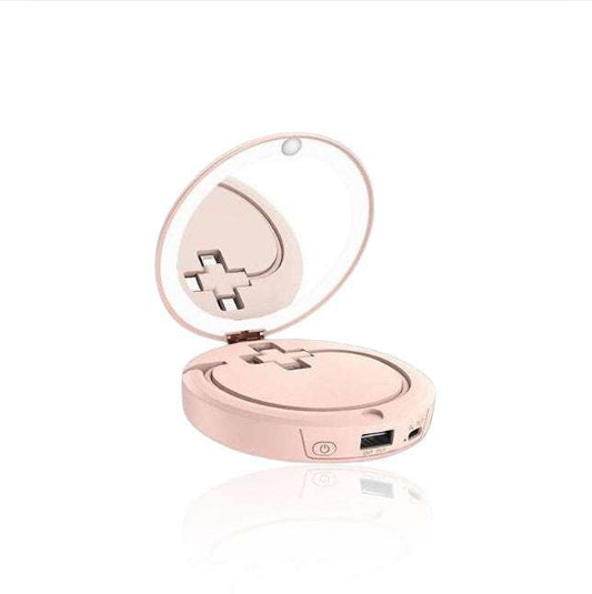 Multifunctional LUMi hand warmer with cosmetic mirror and power bank in compact design.