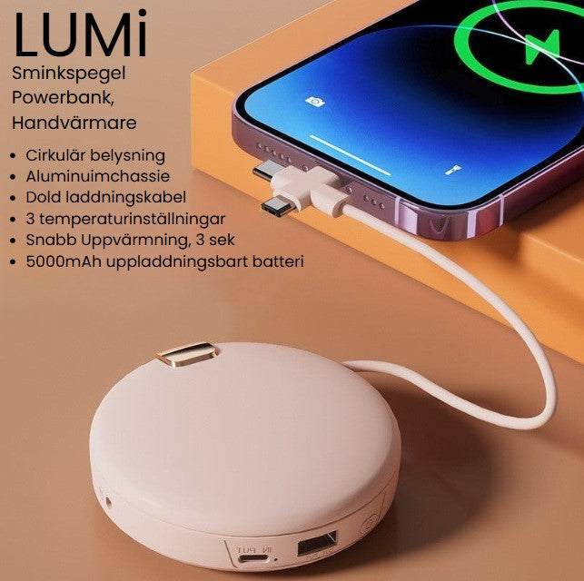 LUMi multifunktionell handvärmare med sminkspegel och powerbank, portabel design.