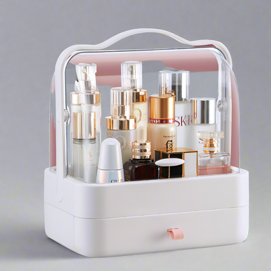 Elegant cosmetics organizer with lock, featuring a durable plastic design and two spacious tiers for storing makeup and accessories.